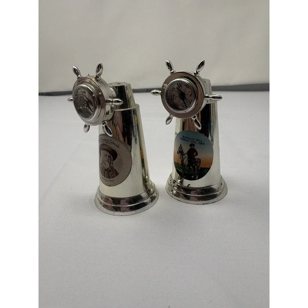 Vintage Souvenir Salt & Pepper Shakers Compass Ship‎ Wheel Lookout Mtn Colorado